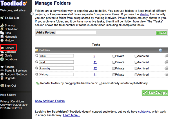 Toodledo _ Manage Folders